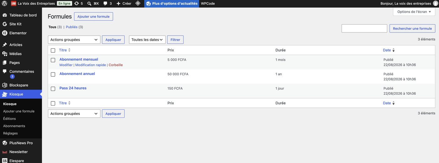 Écran d'administration WordPress listant les formules d'abonnement