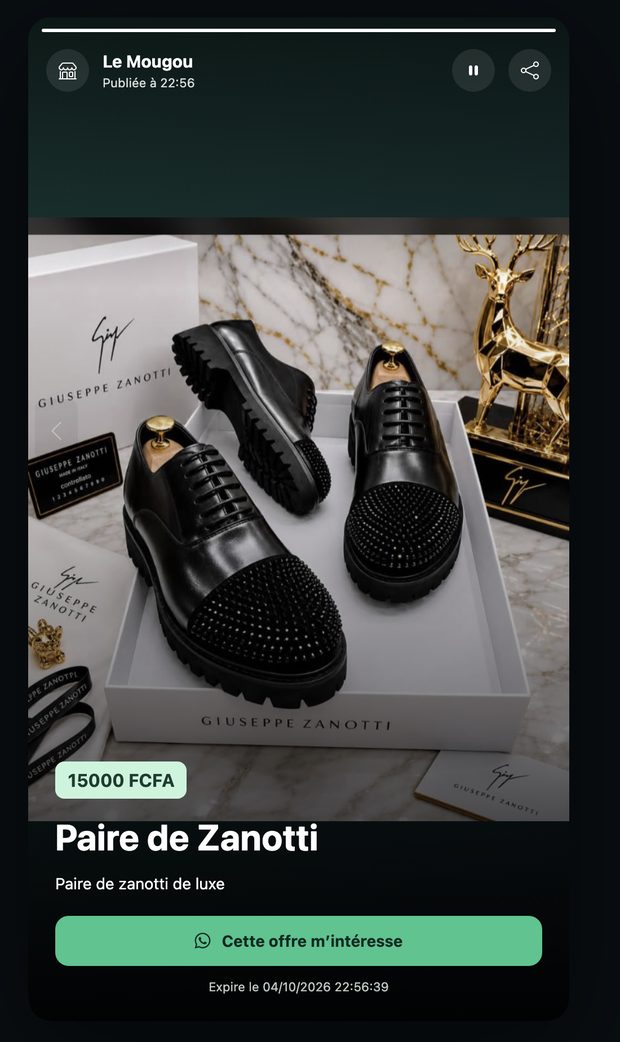 Page d'offre WhatsCRM affichant un produit, son prix et un bouton de contact
