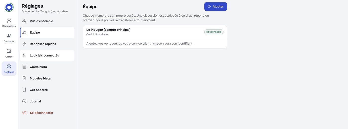 Écran de gestion de l'équipe dans WhatsCRM